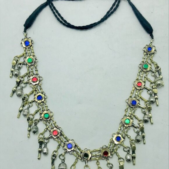 Vintage Bells Tribal Afghan Bib Necklace Silver Kuchi Bib Necklace With Bells - Picture 7 of 12